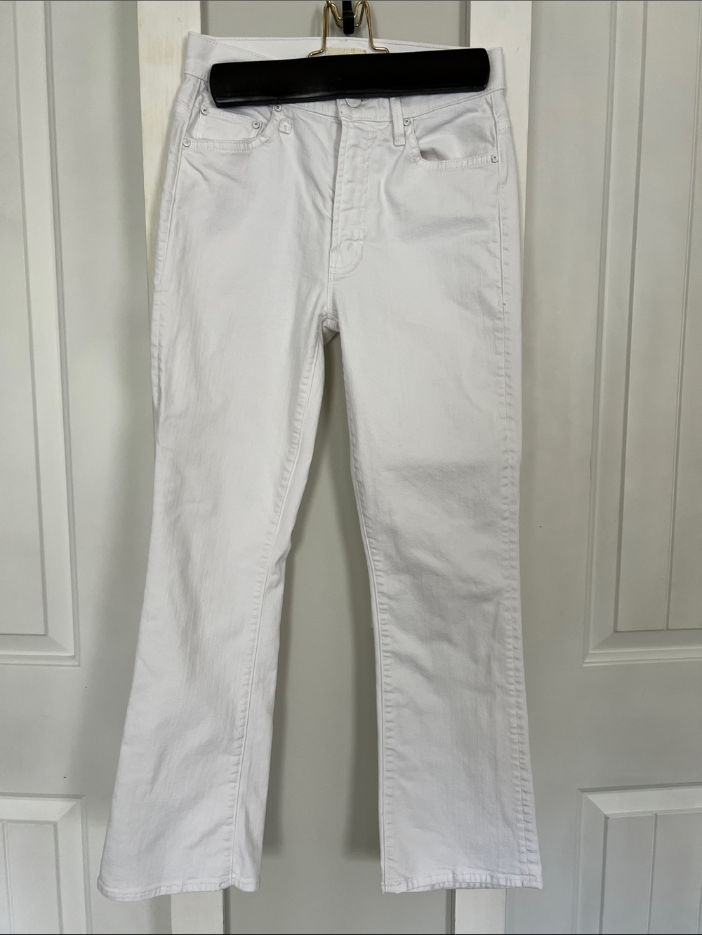 Mother Denim White Straight-Leg Jeans- insider crop step fray: Stayin Alive